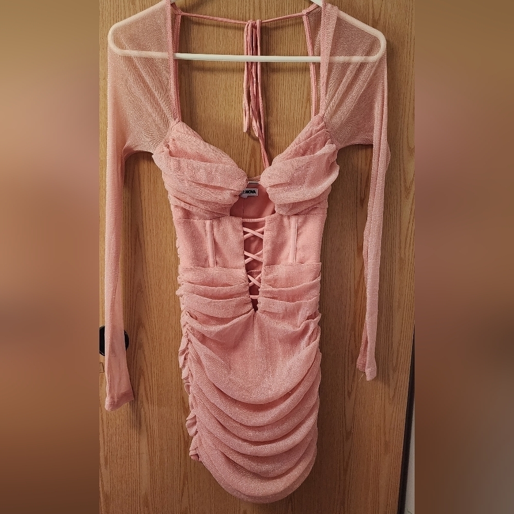 Fashion Nova Pink Ruched Long Sleeve Halter Dress